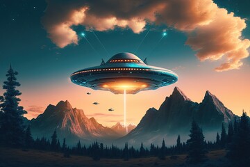 UFO in the night sky. Generative AI 