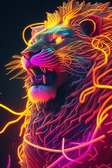Lion in neon light. Generative AI. Colorful background.