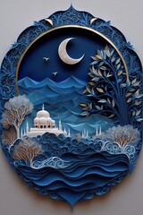 Ramadan Kareem greeting card with mosque, moon and clouds. Paper cut style. Generative AI