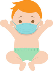 Infant or baby with medical mask, cold or allergy, protection against virus infection