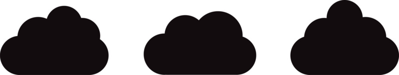 Black cartoon clouds set isolated on white background. Collection of different clouds for background template, wallpaper and fluffy sky design. Flat clouds concept. Clouds vector illustration