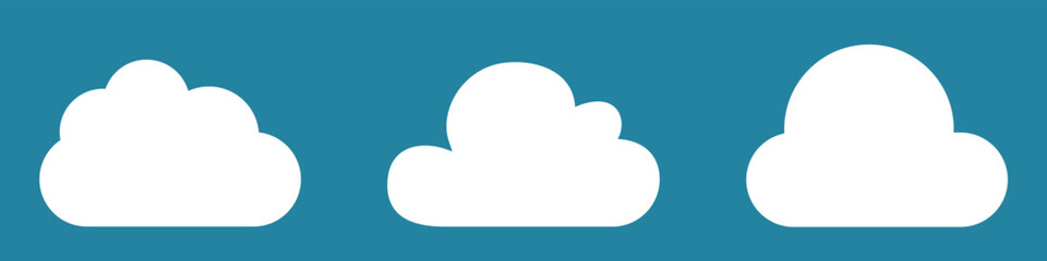 White cartoon clouds set isolated on blue background. Collection of different clouds for background template, wallpaper and fluffy sky design. Flat clouds concept. Clouds vector illustration