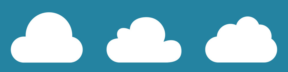 White cartoon clouds set isolated on blue background. Collection of different clouds for background template, wallpaper and fluffy sky design. Flat clouds concept. Clouds vector illustration