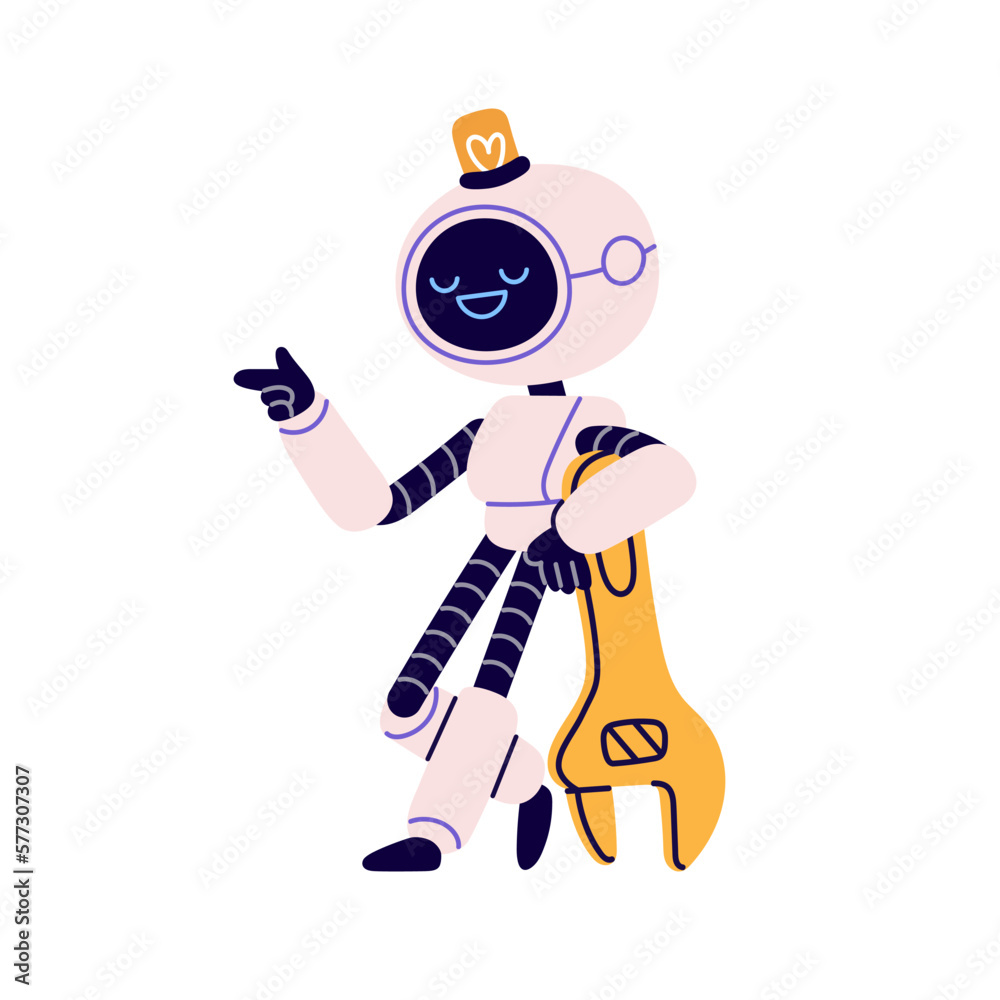 Aufkleber Cute robot with wrench in retro futuristic style. Android serviceman with spanner, fixing tool. Robotic mechanic character from repair service. Flat vector illustration isolated on white background