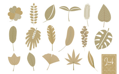 ボタニカル・トロピカル・ナチュラル・エコイメージの葉っぱのシンプルベクターアイコンイラストセット_ゴールドベージュ_おしゃれテクスチャパターン