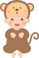 Baby dressed as a doll, playful and cute monkey doll and baby