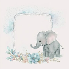 Watercolor Childish Frame with Little Elephant. Illustration AI Generative.