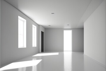 Abstract solid white minimalistic interior room with white walls, floor and ceiling. Generative AI illustration.