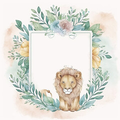 Fototapeta na wymiar Watercolor Childish Frame with Little Lion. Illustration AI Generative