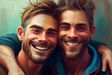 Portrait of a smiling happy gay couple. LGBT concept free relationship and multiracial. Generative AI