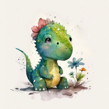 Cute Watercolor Baby Dino. Illustration AI Generative © olegganko