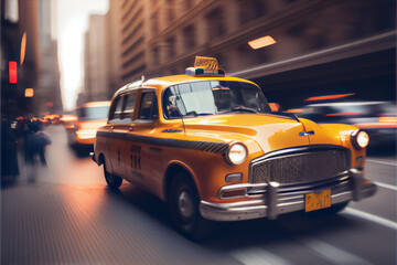 illustration of motion blur yellow taxi cabs in city . AI - obrazy, fototapety, plakaty