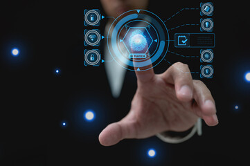 hand pushing a button on the touch screen interface,Scan finger for unlock ID certificate.