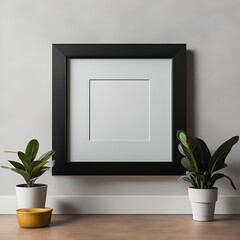 Empty square frame mockup in a modern minimalist interior with plant in trendy vase on white wall background, Template for artwork, painting, photo or poster