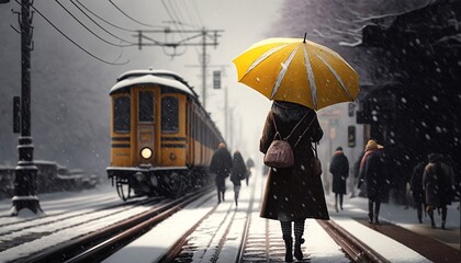alone woman hold yellow umbrella in snowfall waiting train generative AI