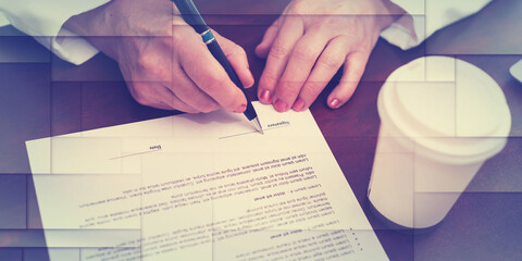 Hand of businesswoman signing a document (lorem ipsum text used), geometric pattern