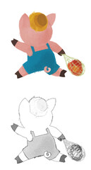 cartoon scene with farmer funnt pig rancher isolated illustration for children sketch