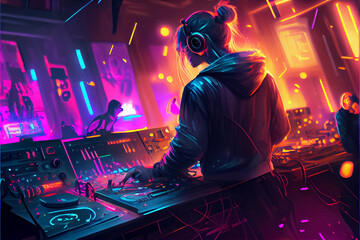 Fototapeta na wymiar Dance disco party neon party place illustration. AI