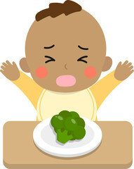 Picky eater child or baby with broccoli, refusing to eat, crying loudly - obrazy, fototapety, plakaty