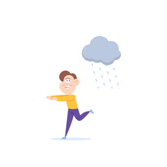 a boy that fears rain. suffering from Ombrophobia. phobia or irrational fear of rain, drizzle, or overcast sky ambiance. run because of rain. character illustration design. vector elements