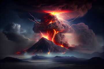 Colorful volcano eruption at night with lightning and flowing lava