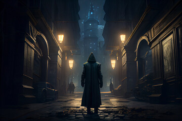 A thief or a swindler in dark clothes with a hood against the backdrop of a city gateway at dusk and at night 