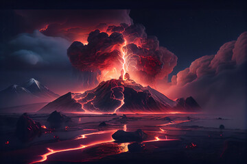 Colorful volcano eruption at night with lightning and flowing lava - obrazy, fototapety, plakaty