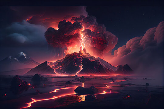 Colorful volcano eruption at night with lightning and flowing lava