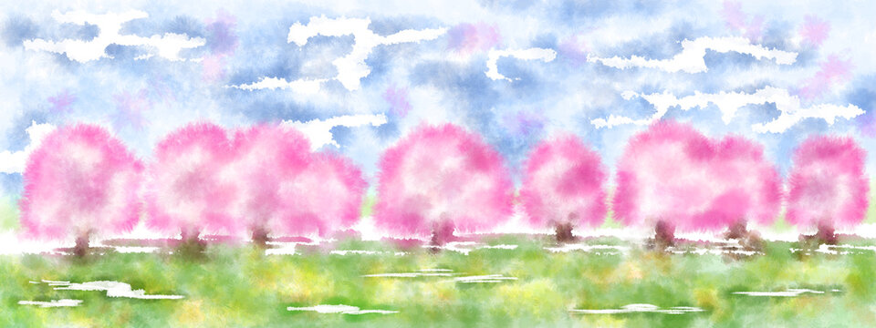 Illustration of spring images drawn with watercolor technique