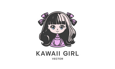 Vector portrait of a cute kawaii anime girl with bows. Cartoon logo, emblem or icon. White isolated background.