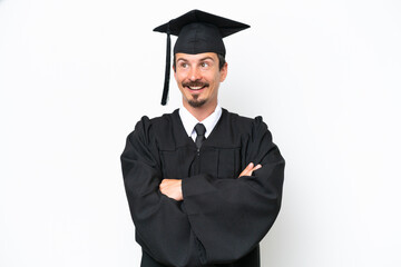 Young university graduate man isolated on white background happy and smiling