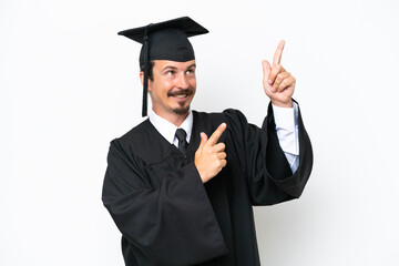 Young university graduate man isolated on white background pointing with the index finger a great idea