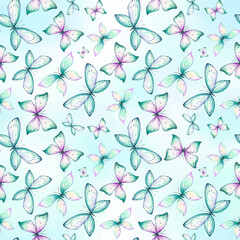 Seamless pattern with watercolor blue and purple butterflies