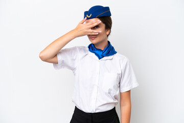 Airplane stewardess caucasian woman isolated on white background covering eyes by hands and smiling