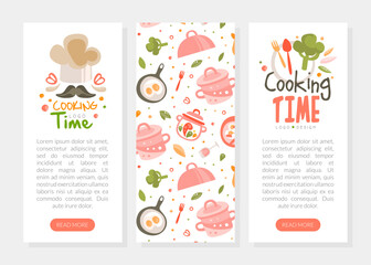 Cooking time logo design. Cooking school, culinary class, food studio landing page, web banner cartoon vector