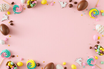 Easter concept. Flat lay photo of chocolate eggs dragees cute bunnies meringue lollipops and sprinkles on isolated pastel pink background with copyspace in the middle