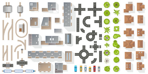 Set of elements top view for landscape design. Buildings, trees, road, railway elements for map of City. Collection, kit of Object. House, factory, skyscraper, manufacture, car, train. View from above