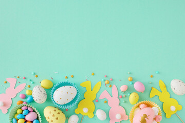 Easter celebration concept. Top view photo of colorful easter eggs chocolate dragees paper rabbits and sprinkles on teal background with copy space