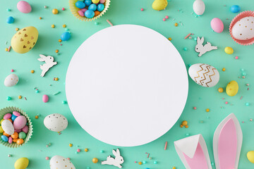 Easter party concept. Top view photo of white circle easter bunny ears colorful easter eggs gift boxes and sprinkles on teal background with blank space