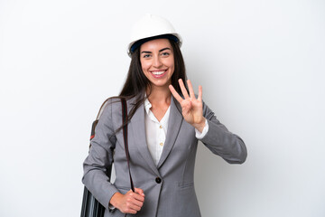 Young architect caucasian woman with helmet and holding blueprints isolated on white background happy and counting four with fingers