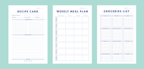 3 set of Recipe and Meal Planner and groceries list planner. Plan you food day easily. Vector illustration.