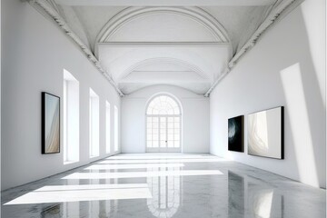 Large empty hall, hallway, corridor, gallery, room with solid white walls, floor and ceiling. Generative AI illustration.