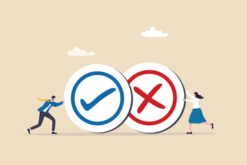 Pros and cons, do and dont or negative vs positive, comparison or advice article, yes or no, good or bad idea concept, business people holding big pros and cons, right and wrong symbols.