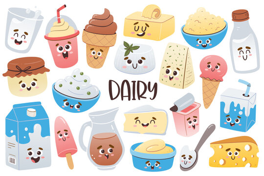 Cute Dairy Products with cartoon faces. Isolated colorful clipart collection. Vector illustration.