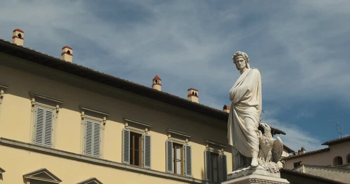 Dante . Dante Alighieri in Florence.Statue of Dante in Piazza Santa Croce. Blue sky background. 