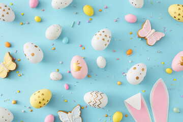 Easter concept. Flat lay photo of colorful eggs easter bunny ears butterfly shaped gingerbread and...