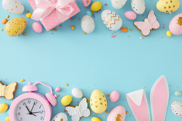 Easter atmosphere concept. Top view photo of colorful eggs easter bunny ears gingerbread gift box...