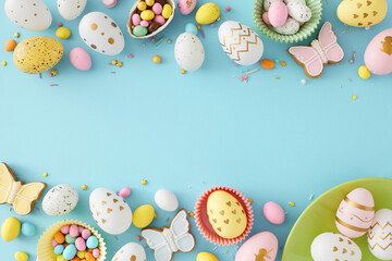 Easter concept. Top view photo of colorful easter eggs dragees gingerbread and sprinkles on isolated pastel blue background with empty space in the middle