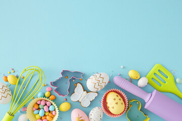 Easter concept. Flat lay photo of colorful easter eggs kitchen utensils baking molds dragees and sprinkles on isolated pastel blue background with copyspace