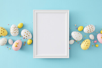 Easter concept. Top view composition of white photo frame colorful eggs and sprinkles on isolated...